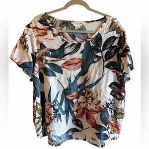 C&C California 100% Linen Tropical Hawaiian Floral Blouse 1X Boxy Lagenlook